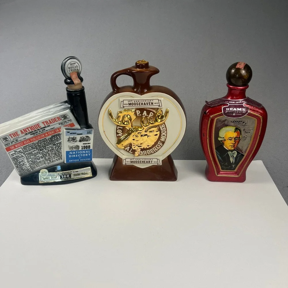 VTG Jim Beam Decanter Lot 3 Ceramic Moose Antique Trader Mozart Barware Kitsch